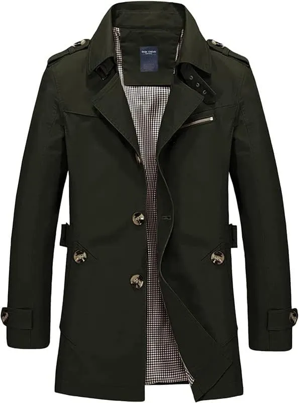 Shanghai Story Men's Classic Single Breasted Notched Collar Long Sleeve Midi Trench Jacket Coat