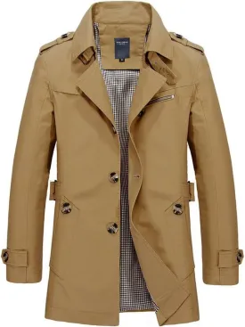 Shanghai Story Men's Classic Single Breasted Notched Collar Long Sleeve Midi Trench Jacket Coat