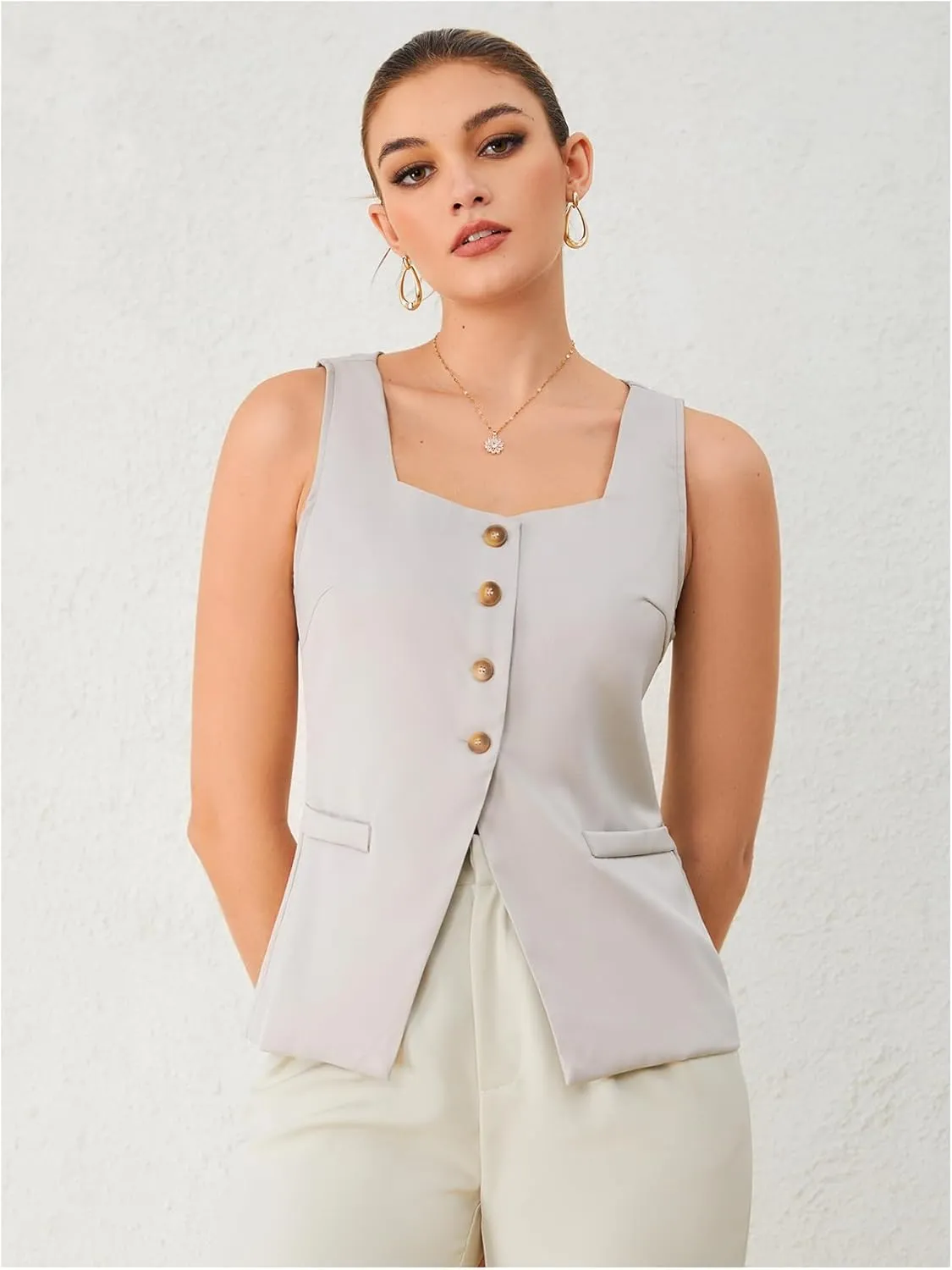 SHENHE Women's Sleeveless Long Vest Button Up Square Neck Fitted Blazer Vest Waistcoat with Pockets