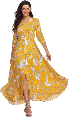 Summer Floral Print Maxi Dress Women Button Up Split Long Flowy Bohemian Beach Party Dresses
