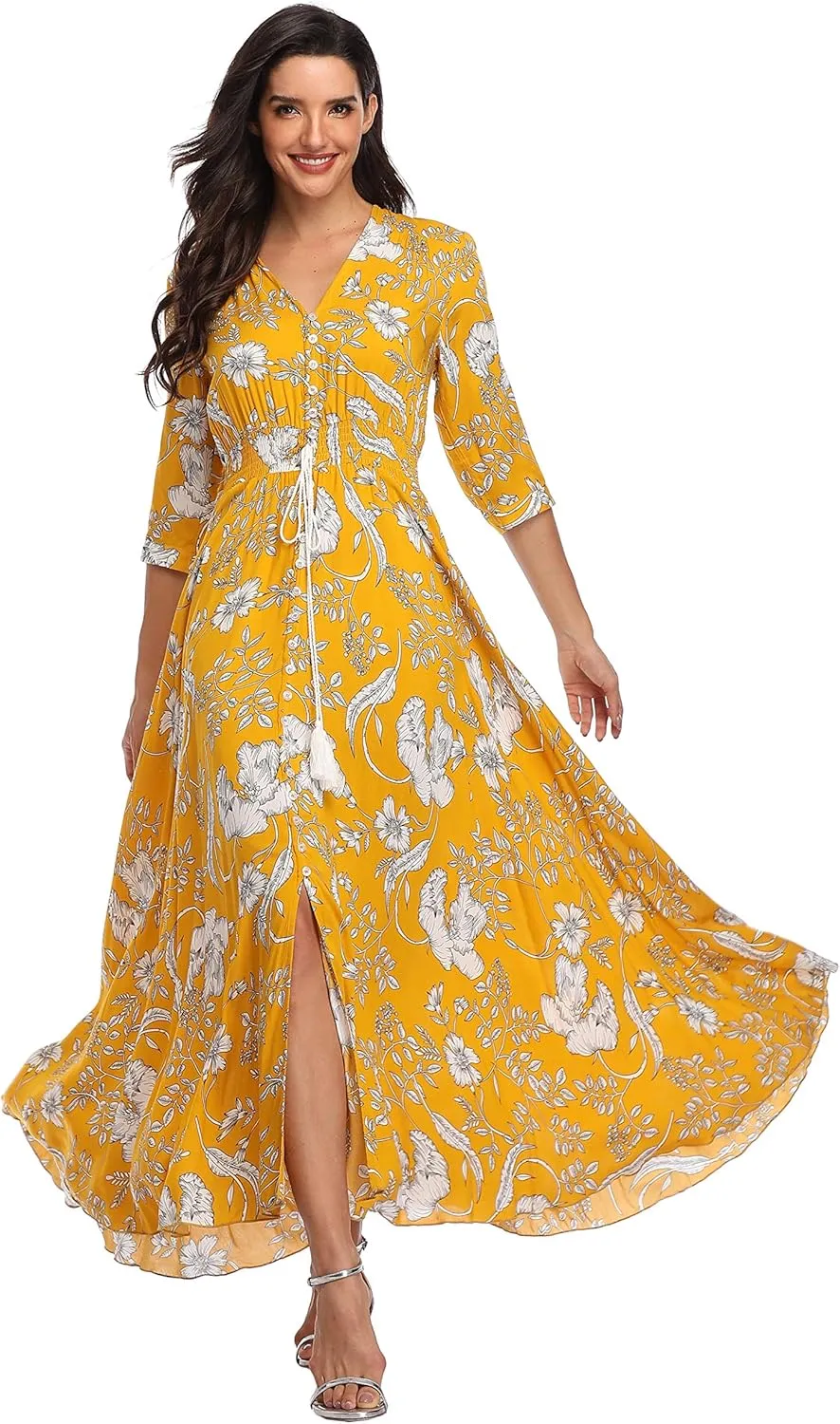 Summer Floral Print Maxi Dress Women Button Up Split Long Flowy Bohemian Beach Party Dresses