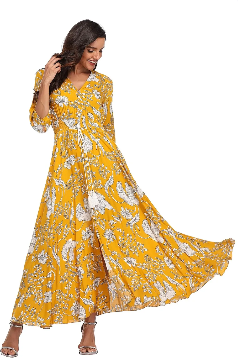 Summer Floral Print Maxi Dress Women Button Up Split Long Flowy Bohemian Beach Party Dresses