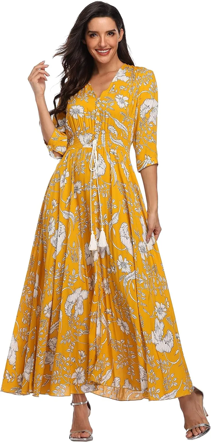 Summer Floral Print Maxi Dress Women Button Up Split Long Flowy Bohemian Beach Party Dresses