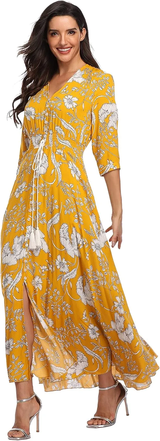 Summer Floral Print Maxi Dress Women Button Up Split Long Flowy Bohemian Beach Party Dresses