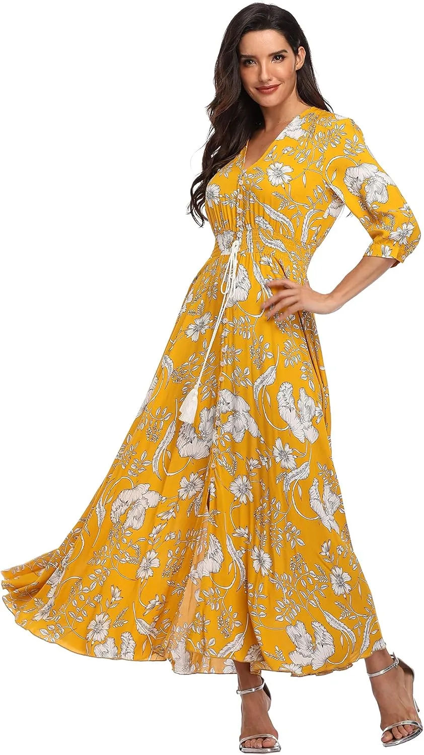 Summer Floral Print Maxi Dress Women Button Up Split Long Flowy Bohemian Beach Party Dresses