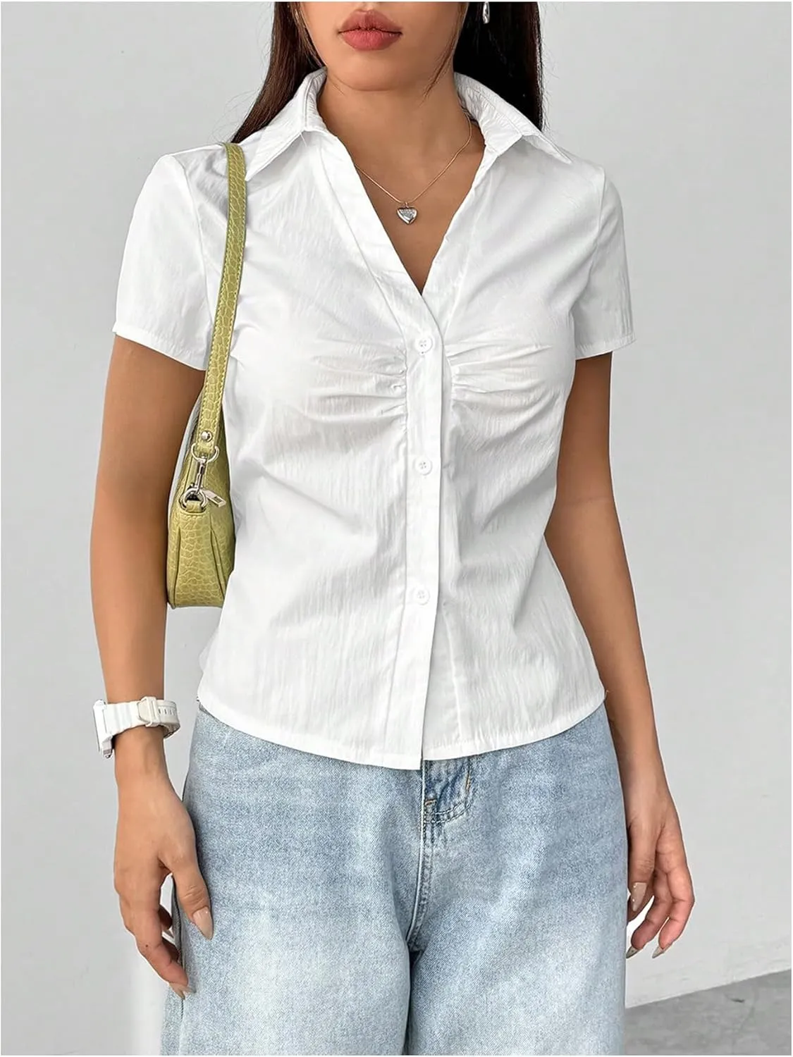 SweatyRocks Women's Ruched Button Up Blouses Collar V Neck Short Sleeve Work Shirts