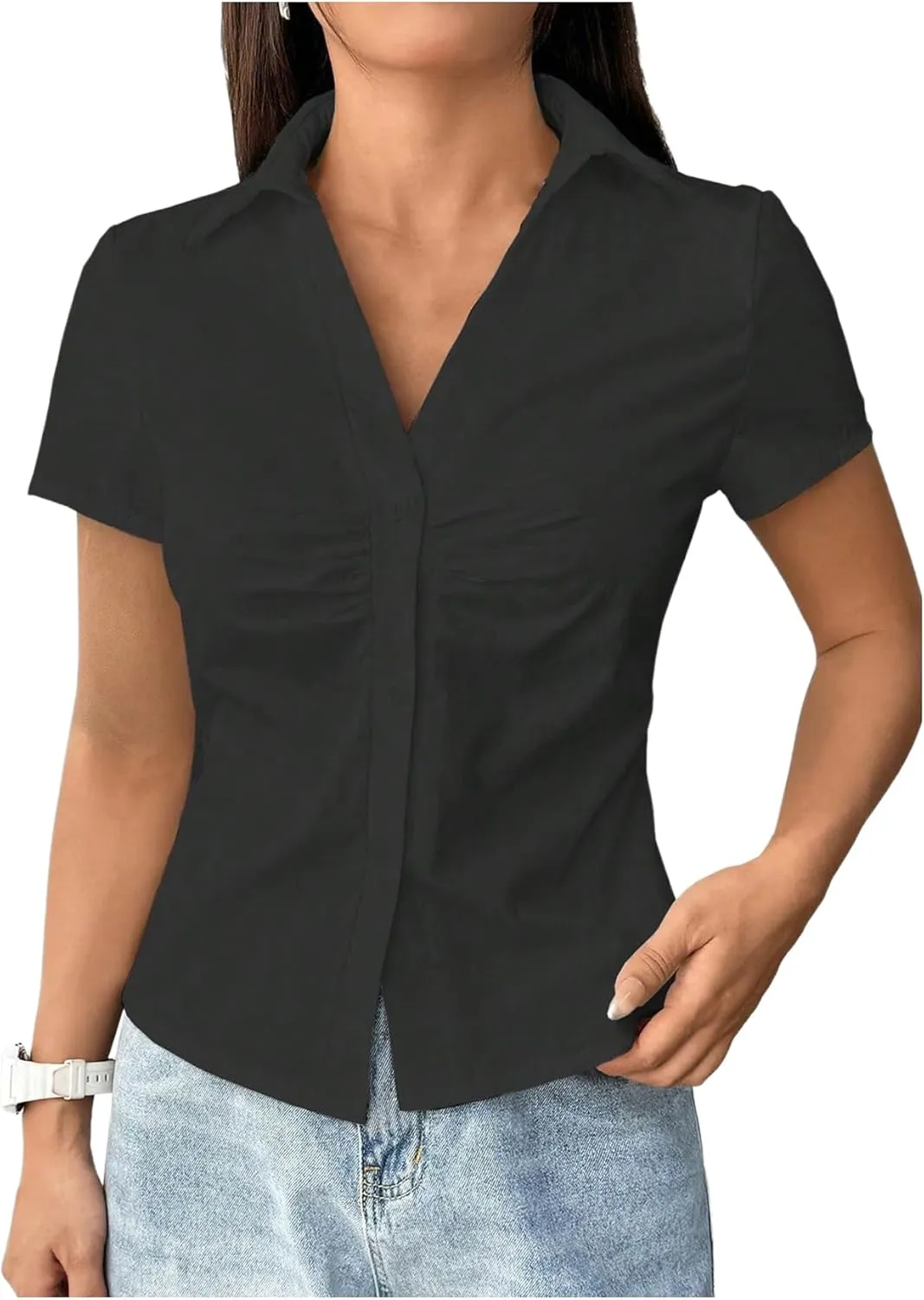 SweatyRocks Women's Ruched Button Up Blouses Collar V Neck Short Sleeve Work Shirts