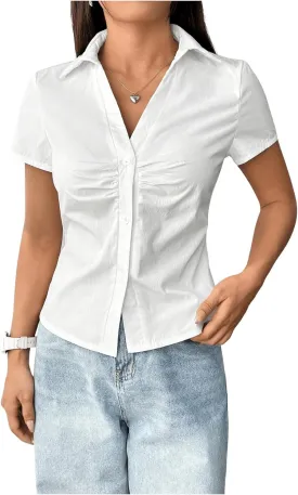SweatyRocks Women's Ruched Button Up Blouses Collar V Neck Short Sleeve Work Shirts