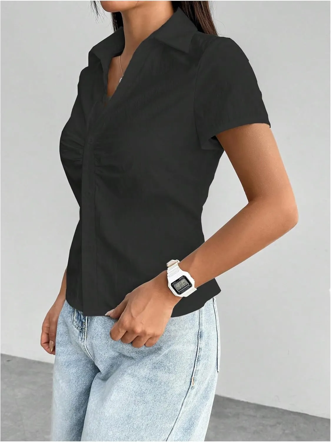 SweatyRocks Women's Ruched Button Up Blouses Collar V Neck Short Sleeve Work Shirts
