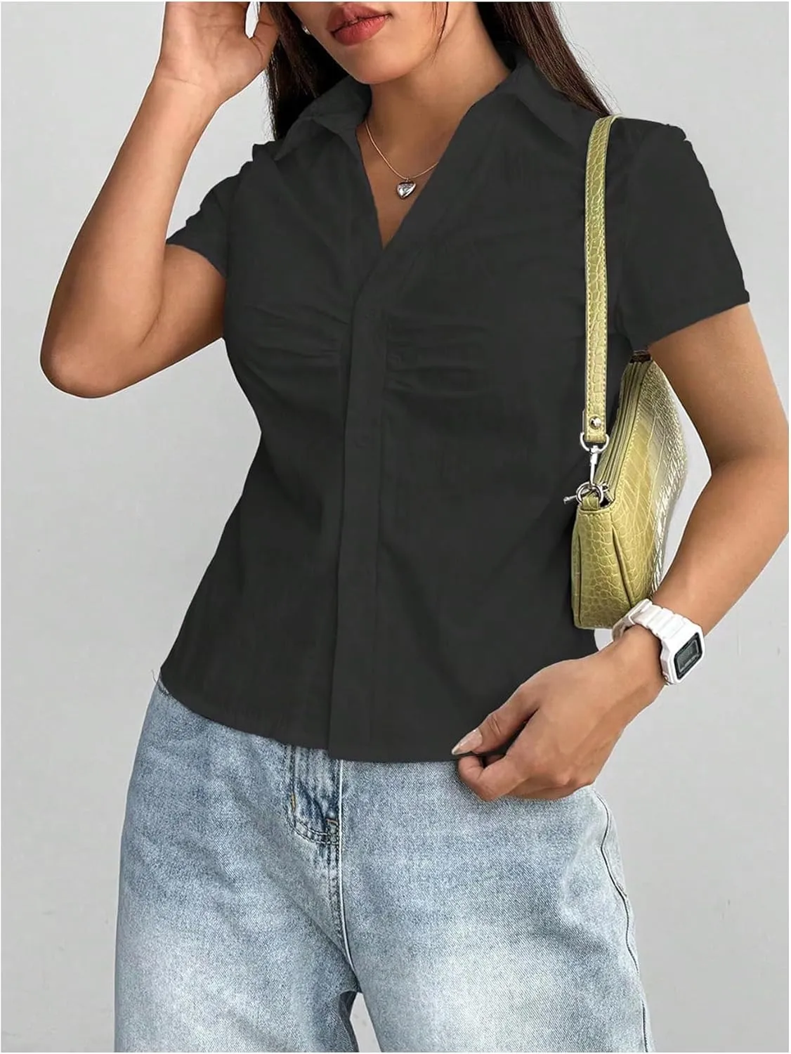 SweatyRocks Women's Ruched Button Up Blouses Collar V Neck Short Sleeve Work Shirts