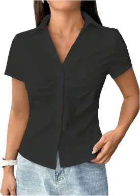 SweatyRocks Women's Ruched Button Up Blouses Collar V Neck Short Sleeve Work Shirts