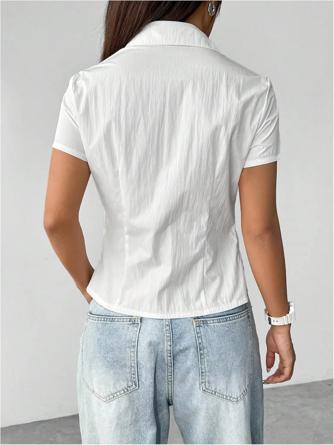 SweatyRocks Women's Ruched Button Up Blouses Collar V Neck Short Sleeve Work Shirts