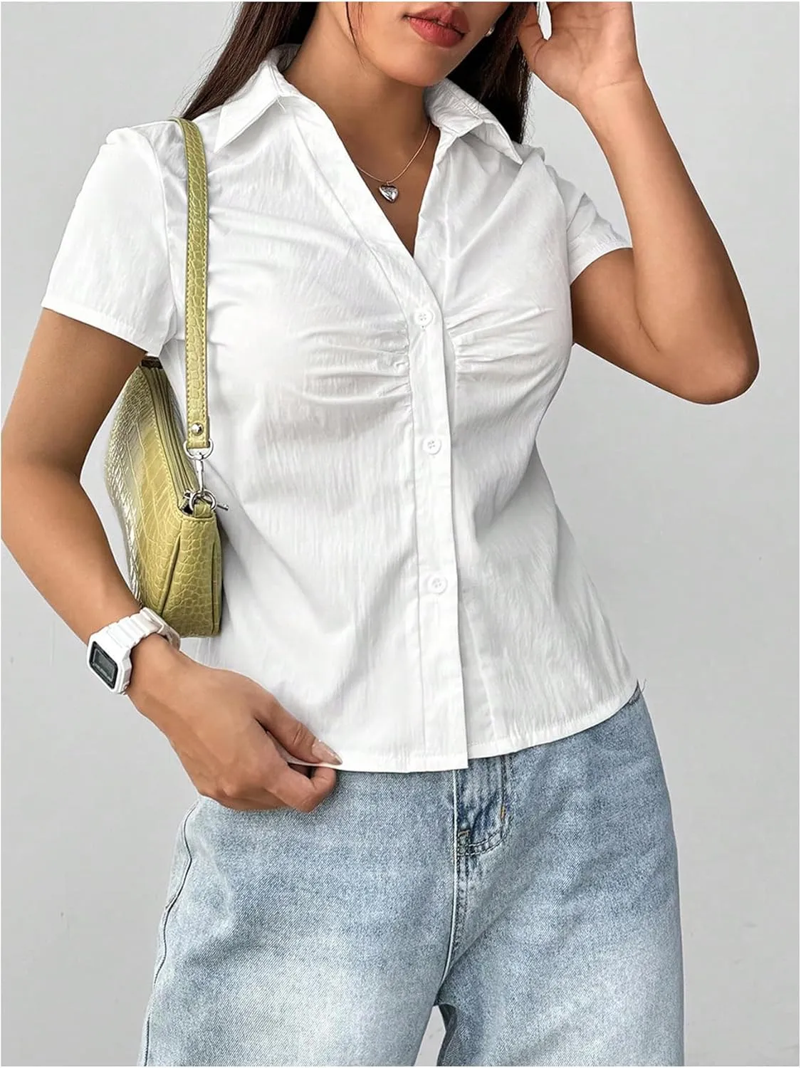 SweatyRocks Women's Ruched Button Up Blouses Collar V Neck Short Sleeve Work Shirts