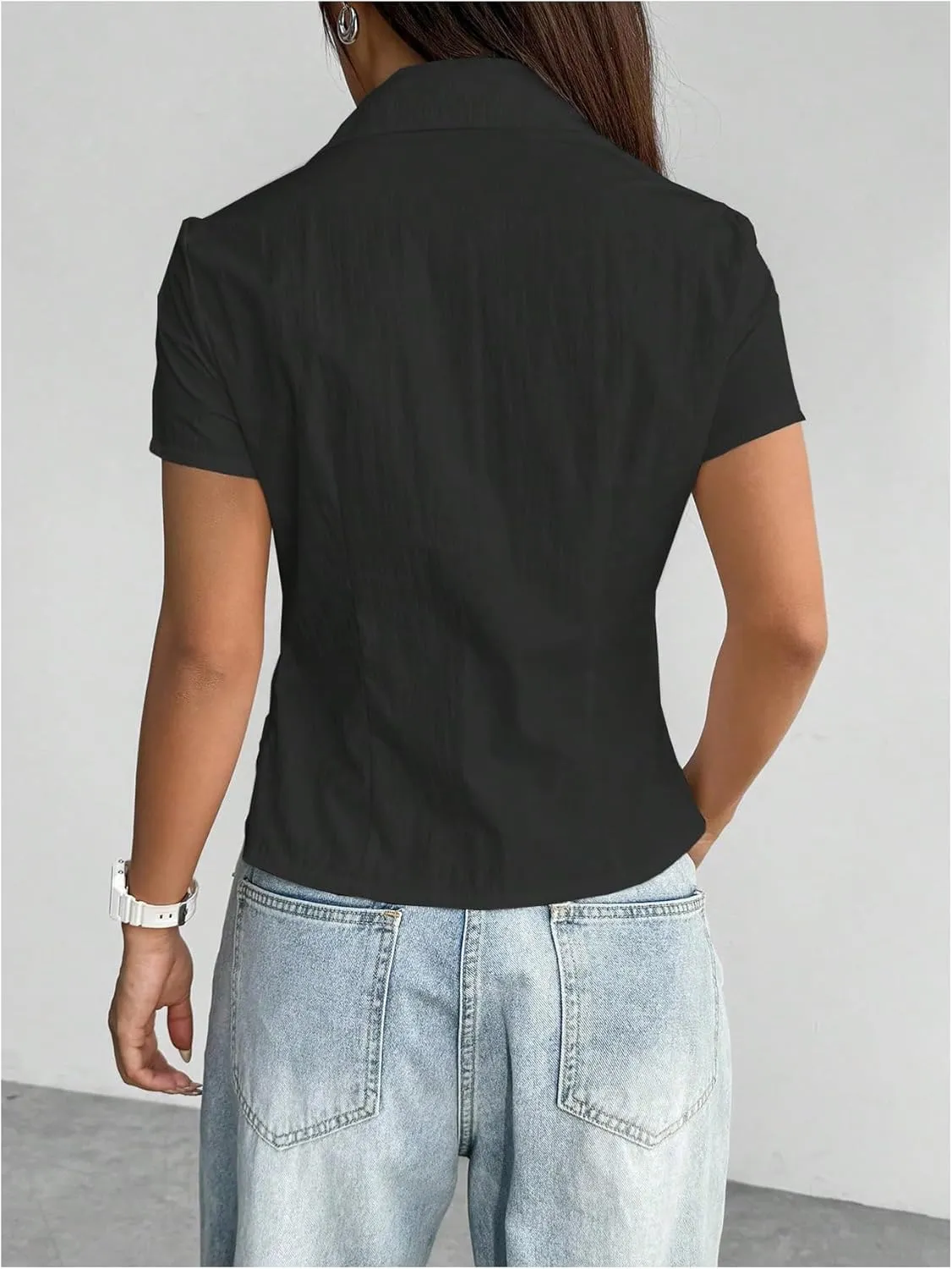 SweatyRocks Women's Ruched Button Up Blouses Collar V Neck Short Sleeve Work Shirts