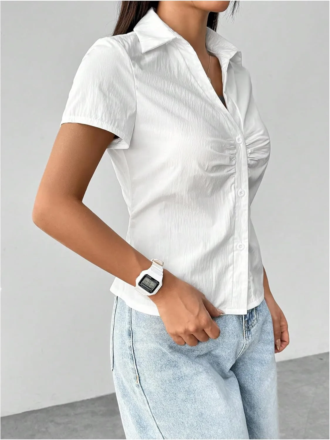 SweatyRocks Women's Ruched Button Up Blouses Collar V Neck Short Sleeve Work Shirts