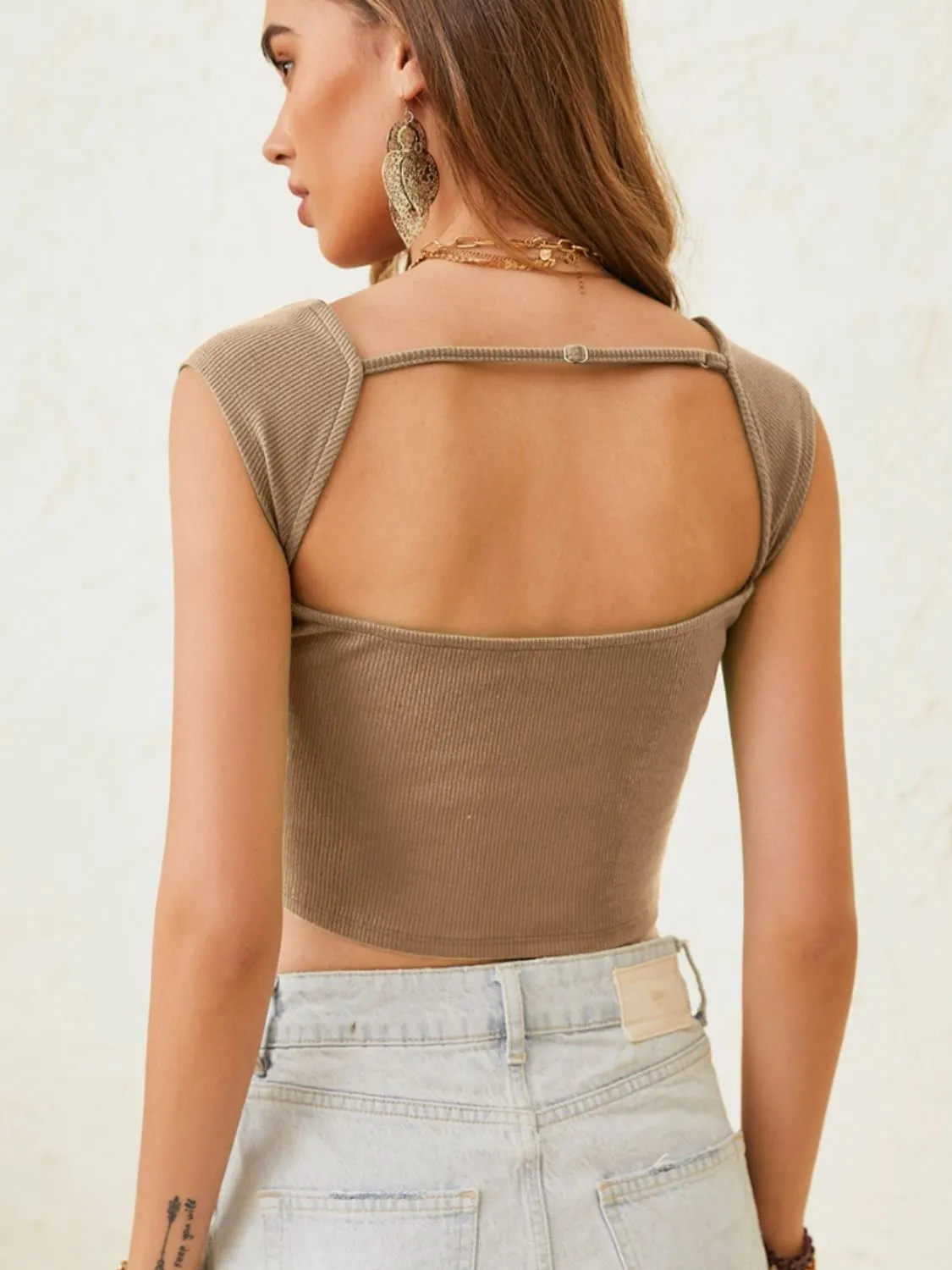 TEEK - Khaki Cutout Cap Sleeve Crop Top