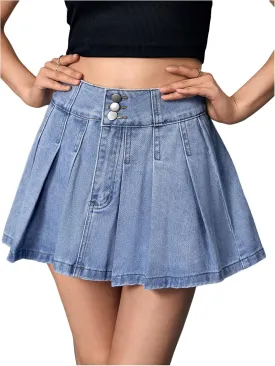 Verdusa Women's Denim Skirt Button Up High Waist A Line Mini Pleated Jean Skirt