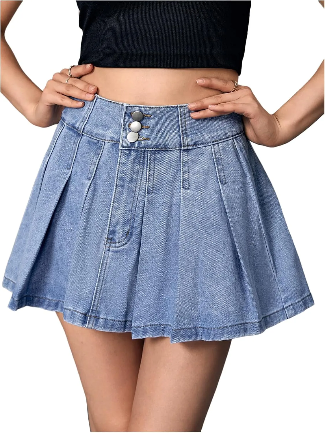 Verdusa Women's Denim Skirt Button Up High Waist A Line Mini Pleated Jean Skirt
