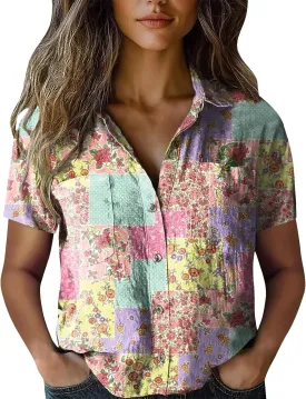 Vintage Boho Tops for Women Floral Print Shirt Casual Short Sleeve Button Down Blouses Dressy T-Shirts with Pocket