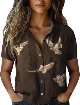 Vintage Boho Tops for Women Floral Print Shirt Casual Short Sleeve Button Down Blouses Dressy T-Shirts with Pocket