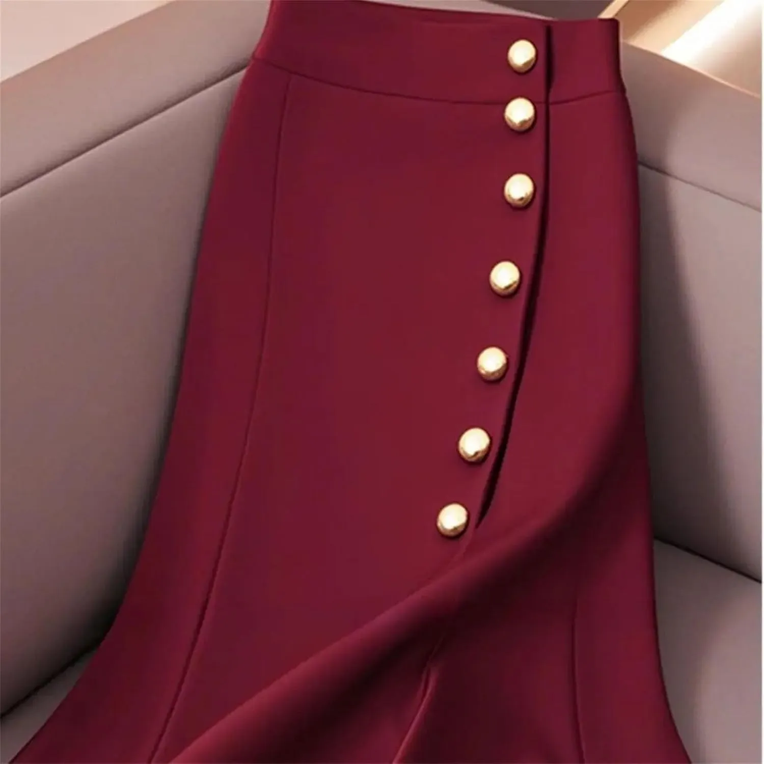 Women Elegant Temperament Solid Color Pencil Skirt Office Slim High Waist Single Breasted Skirts
