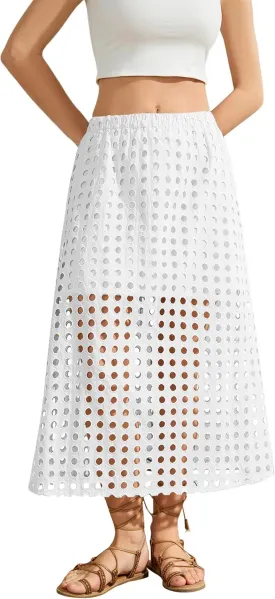 Women Summer Eyelet Maxi Skirt Cotton Holow Out High Elastic Waist Beach Skirt Flowy Long Skirts with Underneath