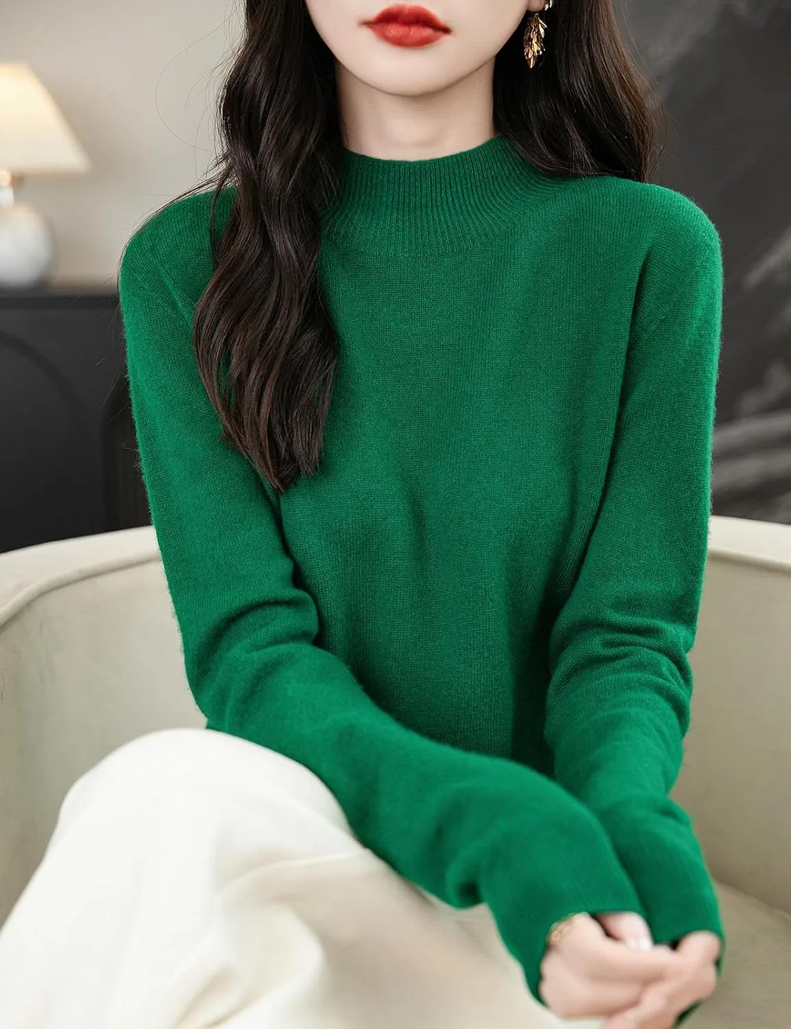 Women's 100% Merino Wool Seamless Sweater Mock Neck First-Line Ready to Wear Long Sleeve Knitted Pullover Tops