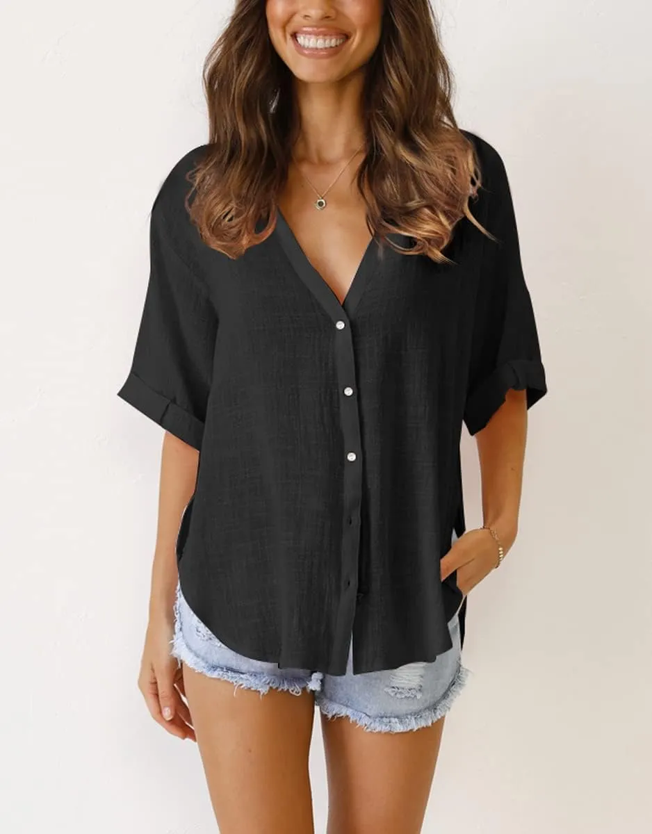 Womens Button Down Linen Shirts V Neck Roll Up Cuffed Sleeve Blouses Loose Collared Shirt Casual Formal Work Office Tops
