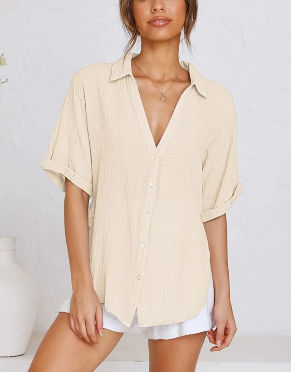 Womens Button Down Linen Shirts V Neck Roll Up Cuffed Sleeve Blouses Loose Collared Shirt Casual Formal Work Office Tops