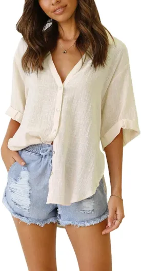 Womens Button Down Linen Shirts V Neck Roll Up Cuffed Sleeve Blouses Loose Collared Shirt Casual Formal Work Office Tops