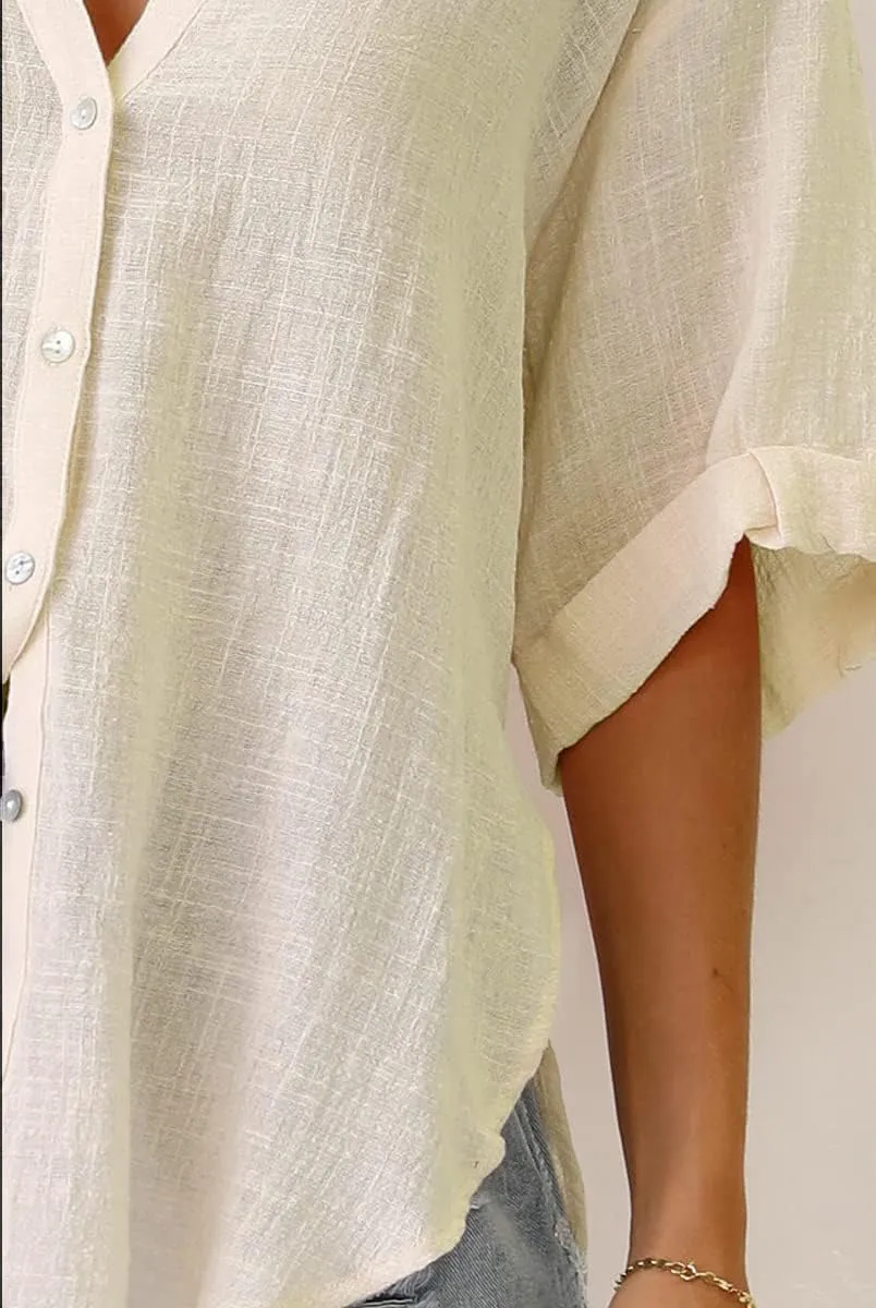 Womens Button Down Linen Shirts V Neck Roll Up Cuffed Sleeve Blouses Loose Collared Shirt Casual Formal Work Office Tops