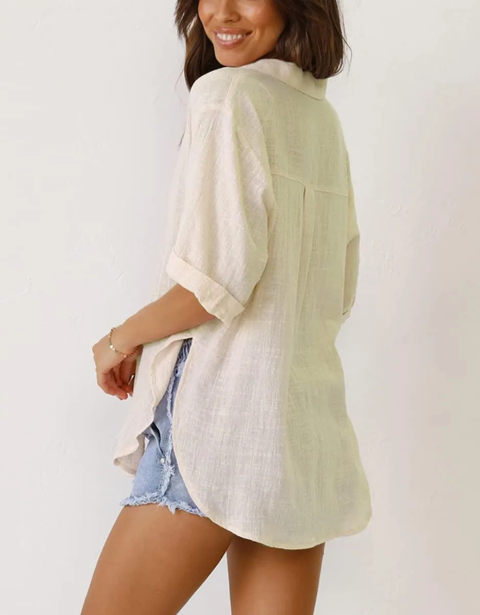 Womens Button Down Linen Shirts V Neck Roll Up Cuffed Sleeve Blouses Loose Collared Shirt Casual Formal Work Office Tops