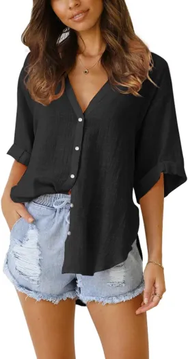 Womens Button Down Linen Shirts V Neck Roll Up Cuffed Sleeve Blouses Loose Collared Shirt Casual Formal Work Office Tops