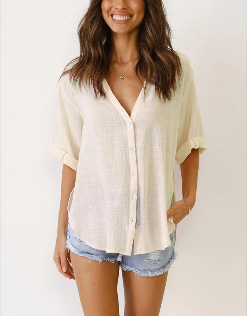 Womens Button Down Linen Shirts V Neck Roll Up Cuffed Sleeve Blouses Loose Collared Shirt Casual Formal Work Office Tops