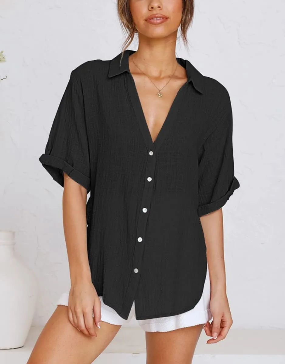 Womens Button Down Linen Shirts V Neck Roll Up Cuffed Sleeve Blouses Loose Collared Shirt Casual Formal Work Office Tops