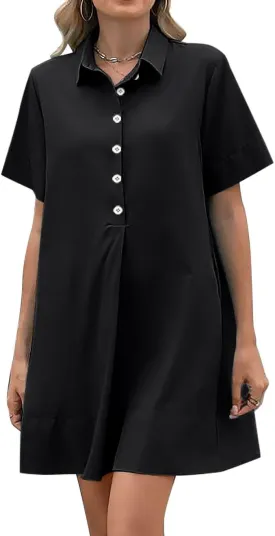 Womens Button Up Tunic Shirt Dresses Short Sleeve Summer Dress Collared Swing Sundress