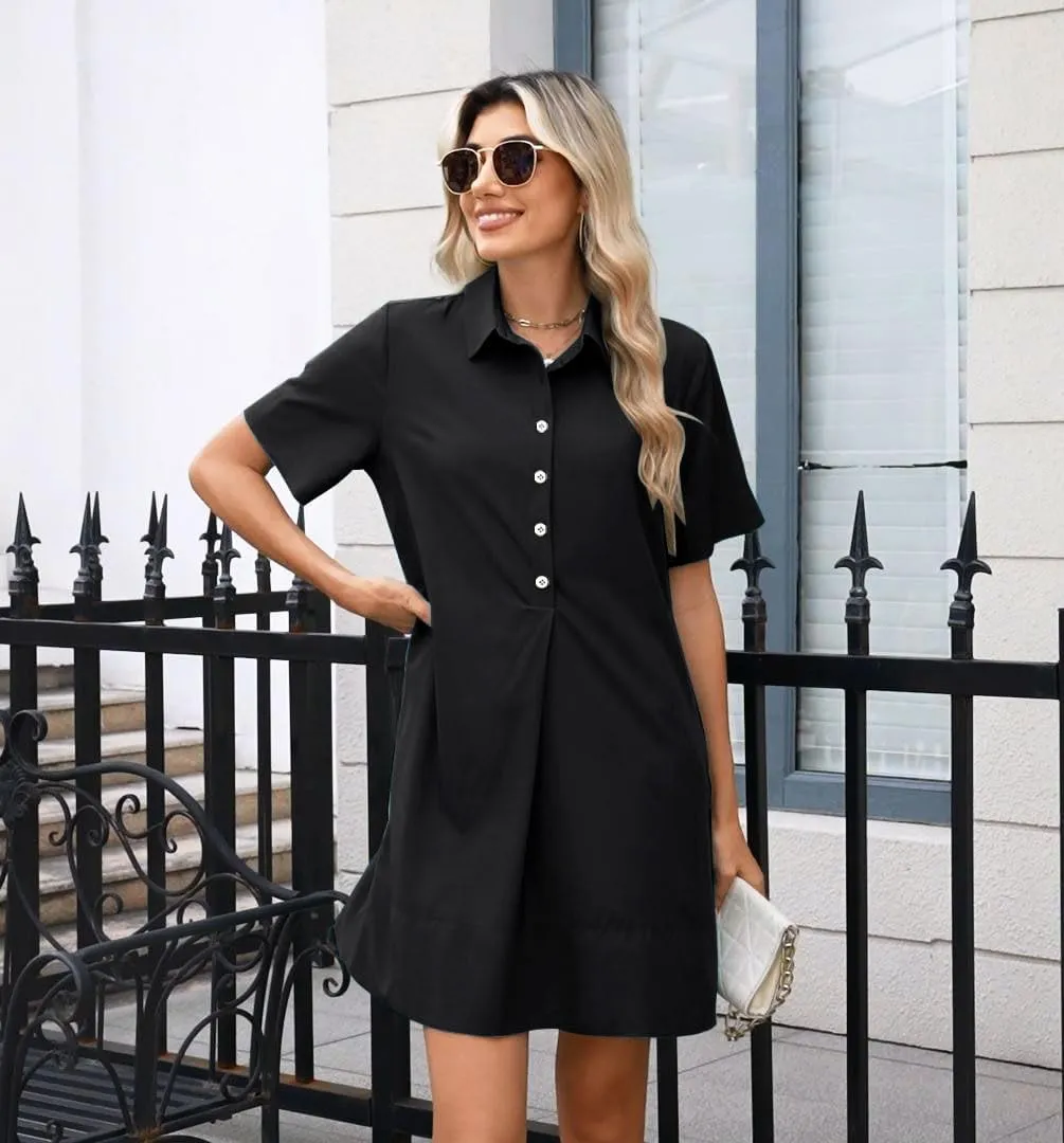 Womens Button Up Tunic Shirt Dresses Short Sleeve Summer Dress Collared Swing Sundress