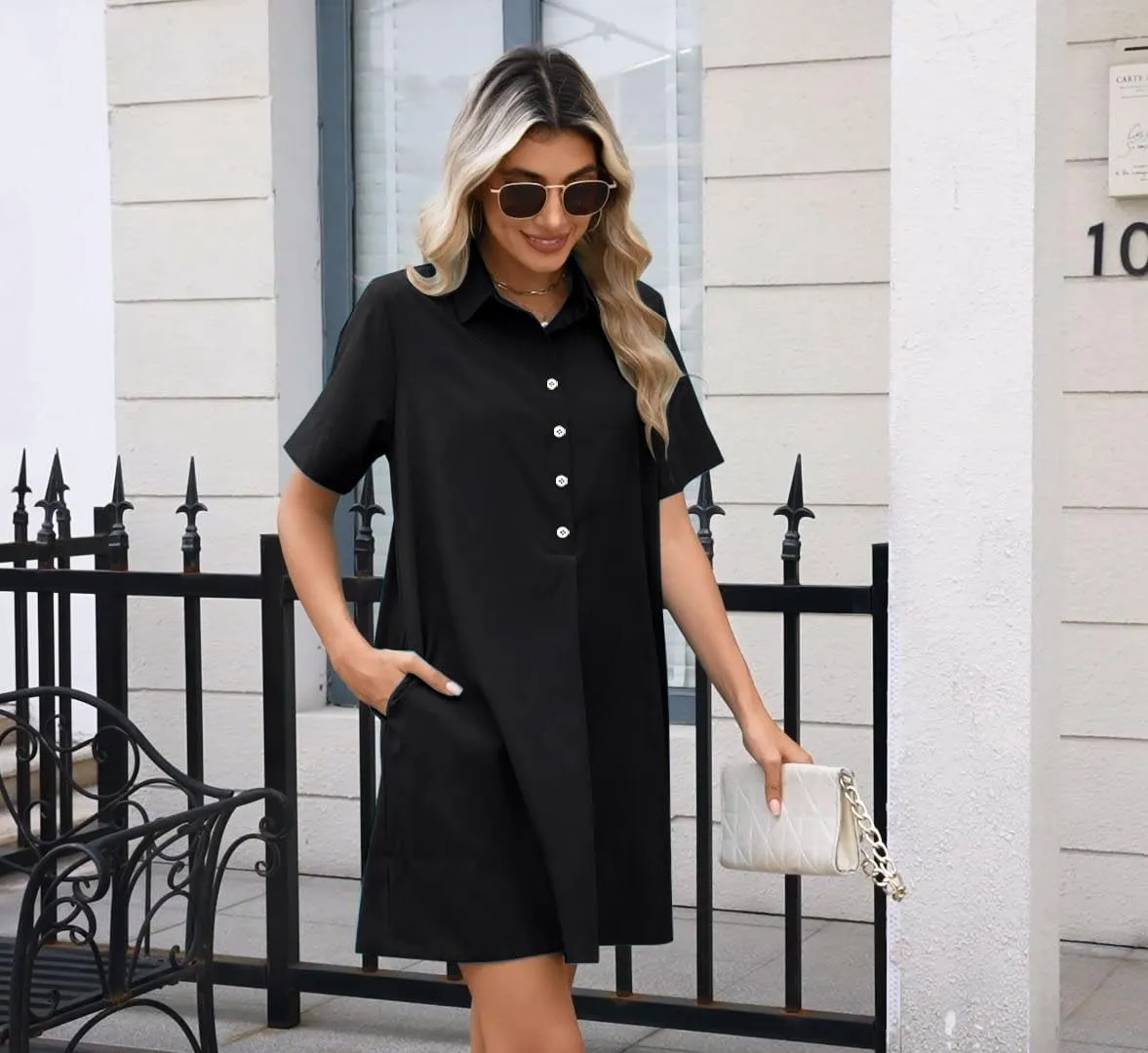 Womens Button Up Tunic Shirt Dresses Short Sleeve Summer Dress Collared Swing Sundress