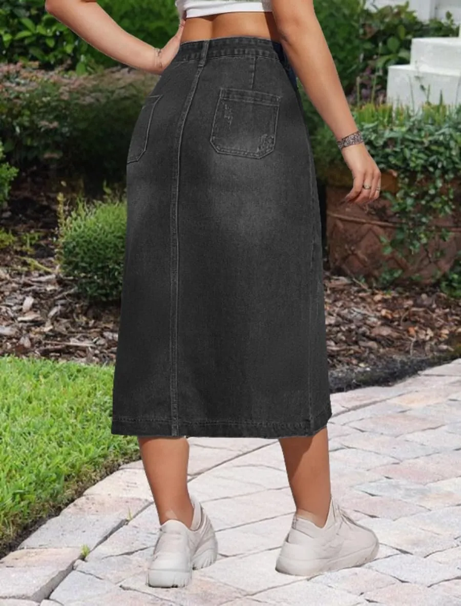 Womens Casual Slit Denim Midi Jean Skirt Stretch High Waist Frayed Button Up with Pockets