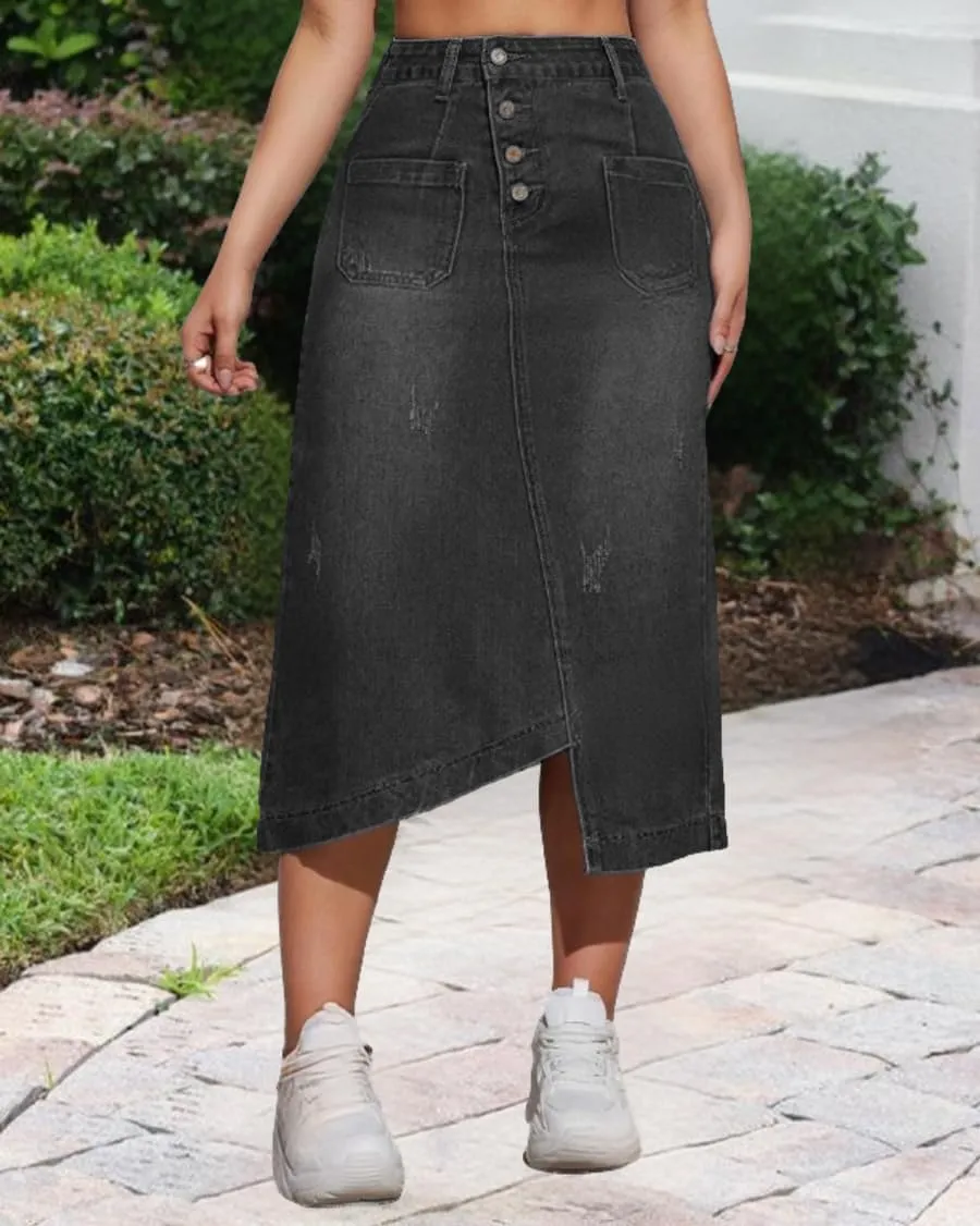Womens Casual Slit Denim Midi Jean Skirt Stretch High Waist Frayed Button Up with Pockets