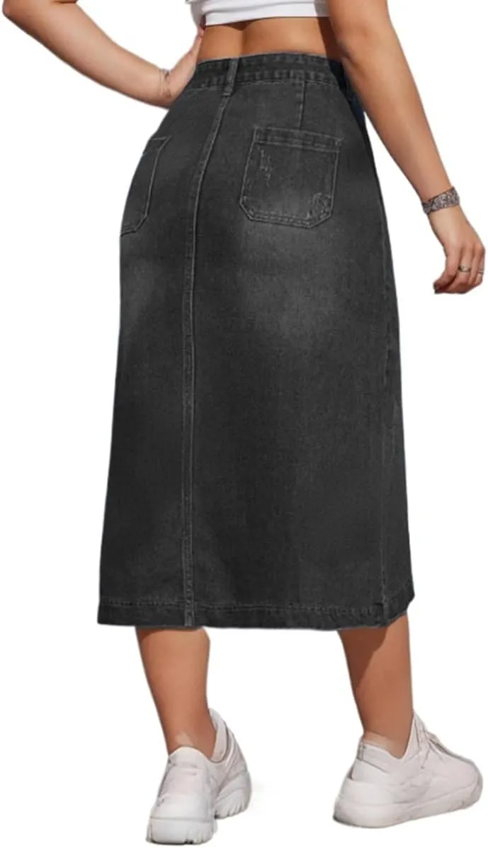 Womens Casual Slit Denim Midi Jean Skirt Stretch High Waist Frayed Button Up with Pockets