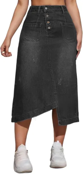 Womens Casual Slit Denim Midi Jean Skirt Stretch High Waist Frayed Button Up with Pockets