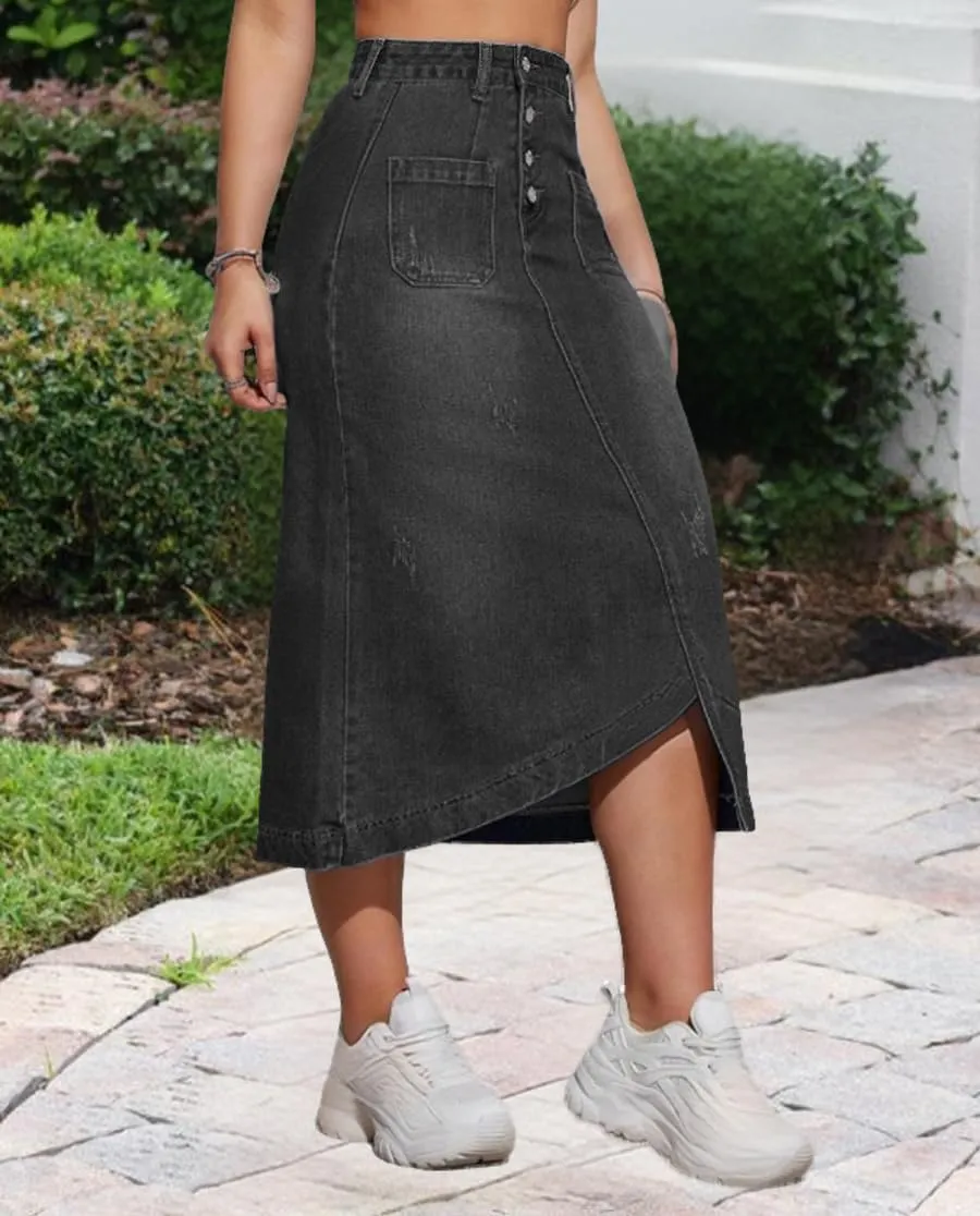 Womens Casual Slit Denim Midi Jean Skirt Stretch High Waist Frayed Button Up with Pockets