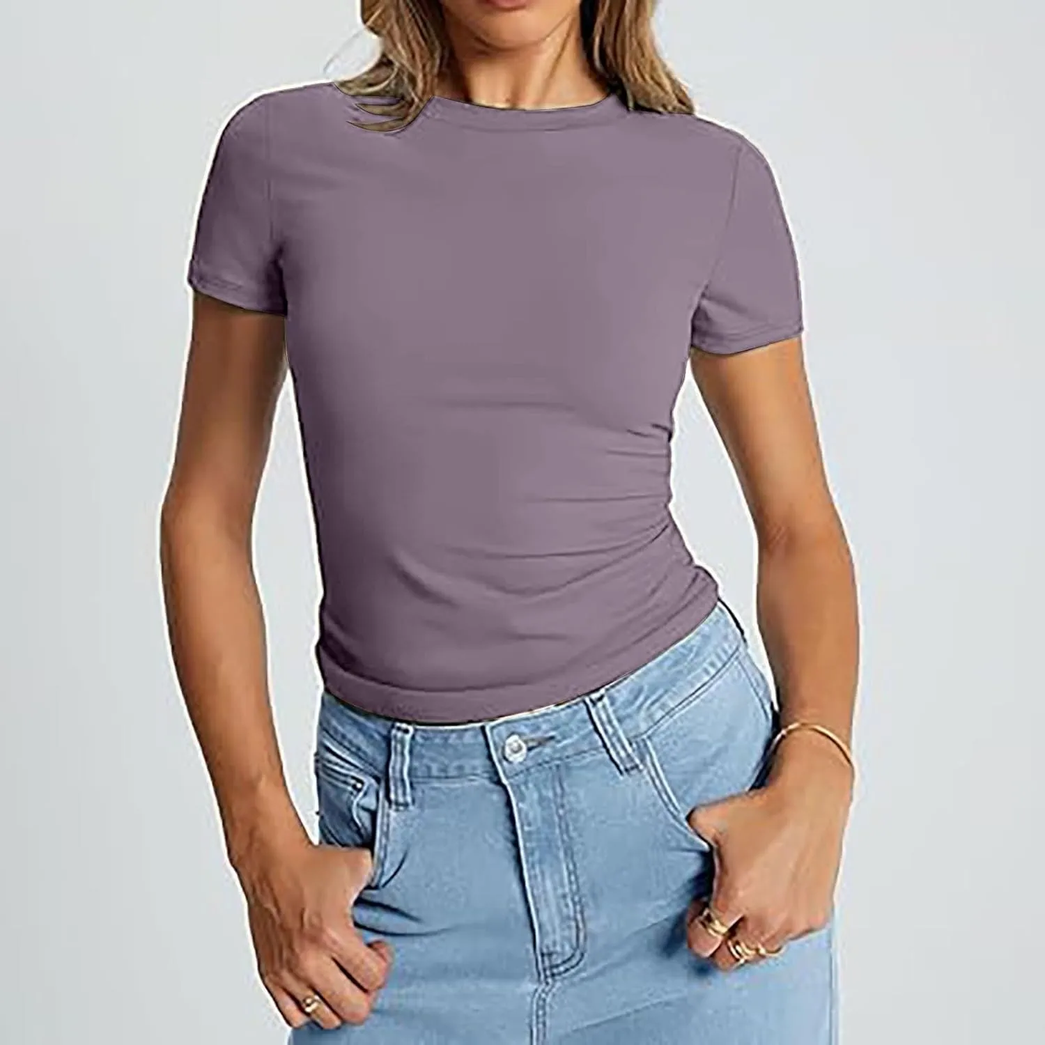 Womens Classic Slim Fit Crop Top Crewneck Short Sleeve Sexy Y2K Shirt Casual Base Layer Soft Workout Gym Stretch Shirt