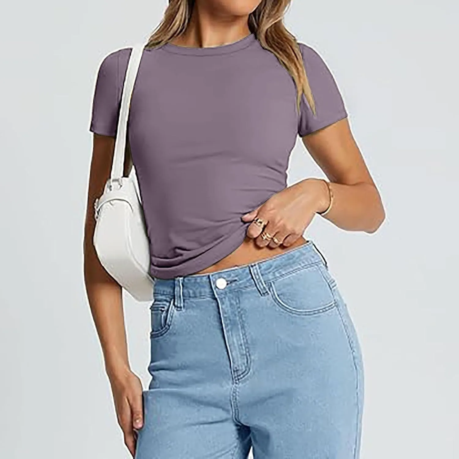 Womens Classic Slim Fit Crop Top Crewneck Short Sleeve Sexy Y2K Shirt Casual Base Layer Soft Workout Gym Stretch Shirt
