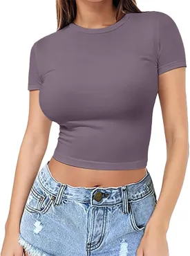 Womens Classic Slim Fit Crop Top Crewneck Short Sleeve Sexy Y2K Shirt Casual Base Layer Soft Workout Gym Stretch Shirt