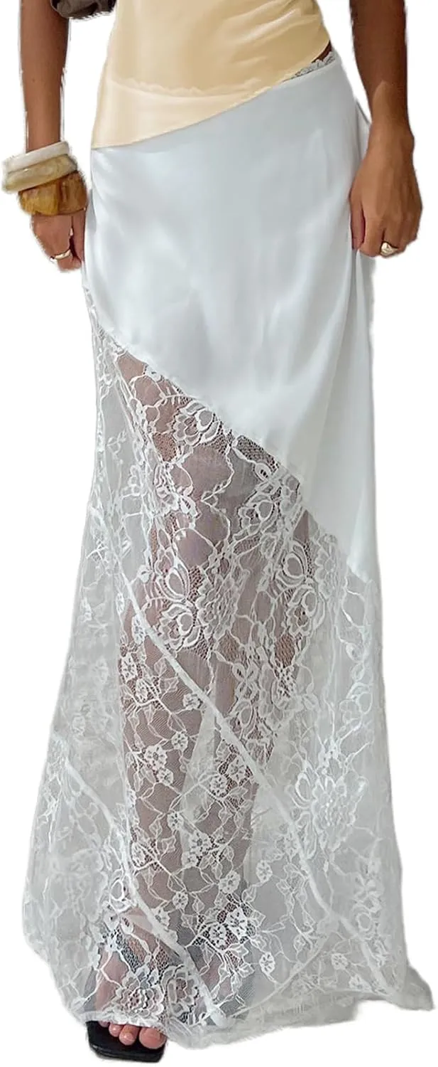 Women's Lace Long Skirts Mid Waist Solid Color Asymmetric Patchwork Midi Skirts Elegant Skirts