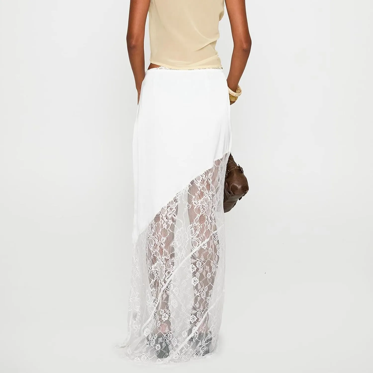 Women's Lace Long Skirts Mid Waist Solid Color Asymmetric Patchwork Midi Skirts Elegant Skirts