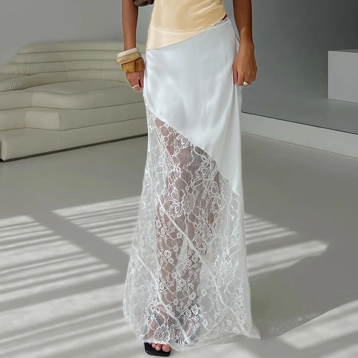 Women's Lace Long Skirts Mid Waist Solid Color Asymmetric Patchwork Midi Skirts Elegant Skirts