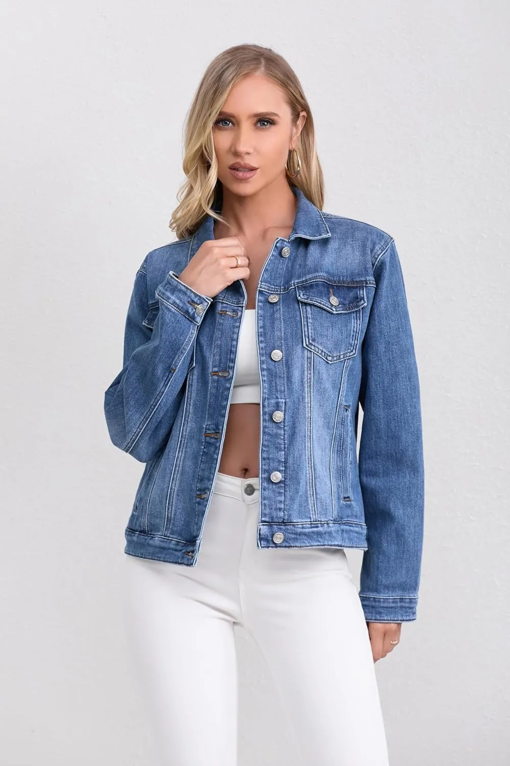 Women's Stretch Jean Jacket, Lightweight Soft Denim Jacket for Women Fitted Long Sleeve Womens Jean Trucker Coat